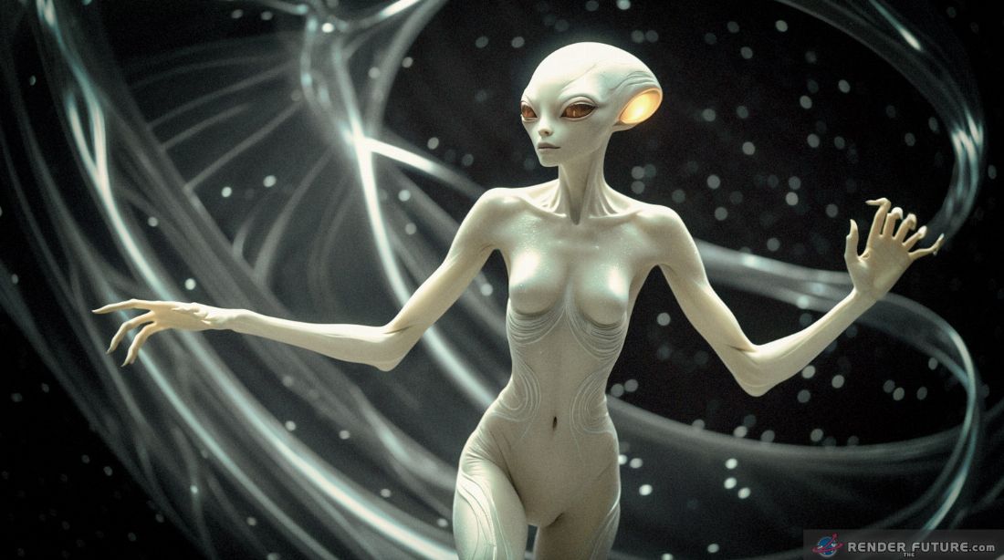 A breathtaking cinematic photograph of an otherworldly alien species its slender elongated body