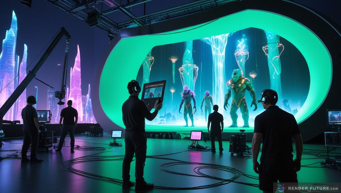 A captivating movie production scene set against a futuristic neon lit cityscape backdrop