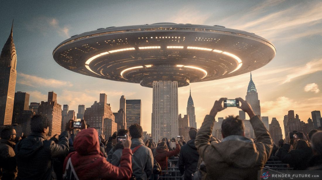 A colossal multilevel stage alien spaceship hovers over Manhattan as crowds freeze mid panic