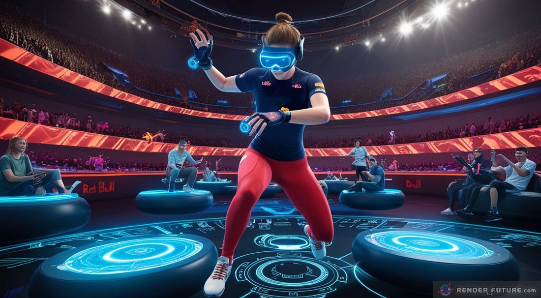 A cyber athlete in a neural interface headset dominates a holographic arena
