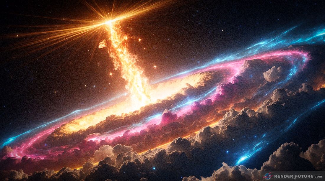 A dramatic high contrast cinematic photograph of a quasar emitting turbulent