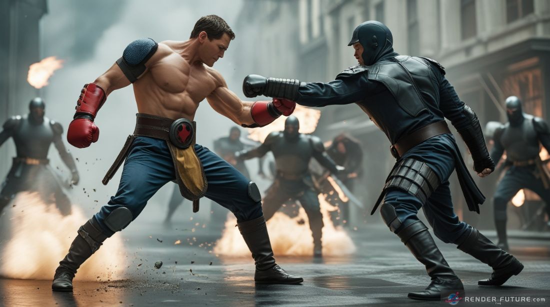 A fight scene where the heros costume stiffens on impact to protect them 1