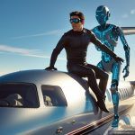 A futuristic high tech aerial scene depicting an actor and a robotic stunt double