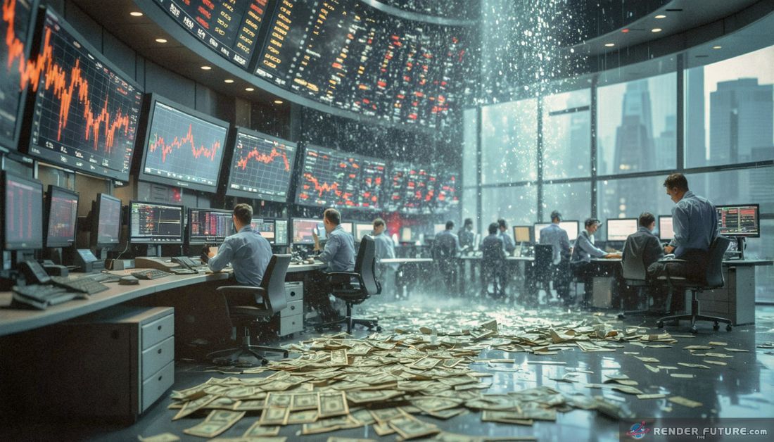 A wall of stock market terminals traders clutching their heads as holographic stock charts reflect collapse
