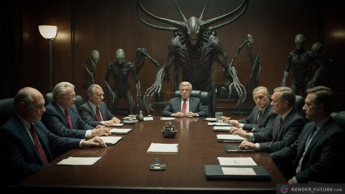 Alien species attending a human race delegation for negotiations of political conditions to protect the earth