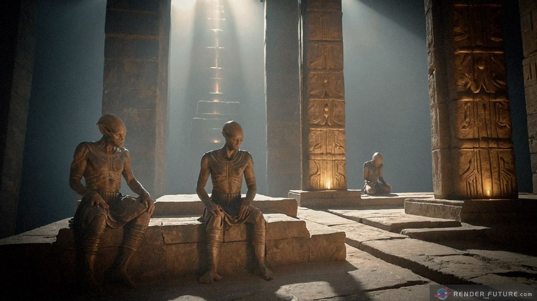 Alien species with elongated bodies descend on beams of golden light over ancient Sumerian ziggurats