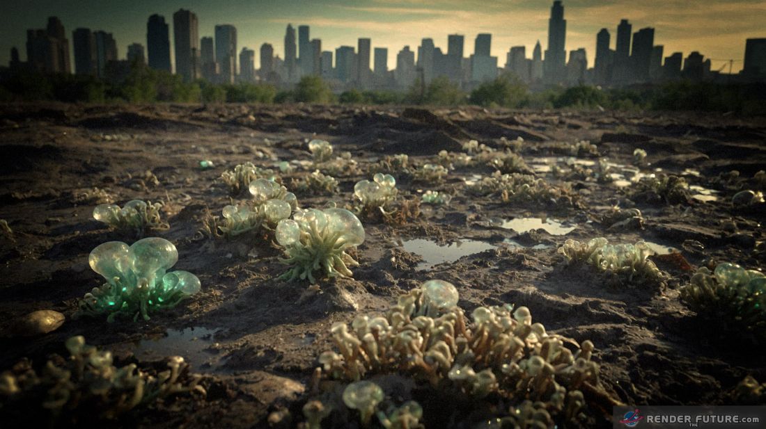 Alien spores drift through cities sprouting crystalline forests where trees once stood