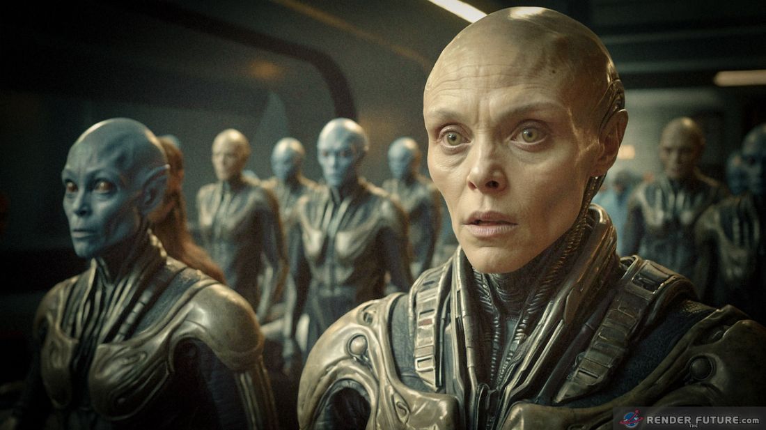Delegation of aliens dressed like humans with people in a large presentation room