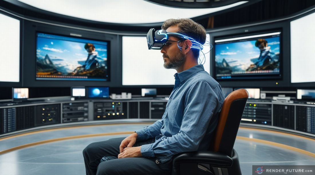 Filmmaker in a large post production studio using neuralink headband to prerender scenes