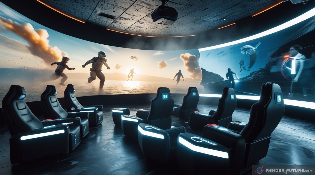 Futuristic movie theater where the 360 degree environmental simulation tech