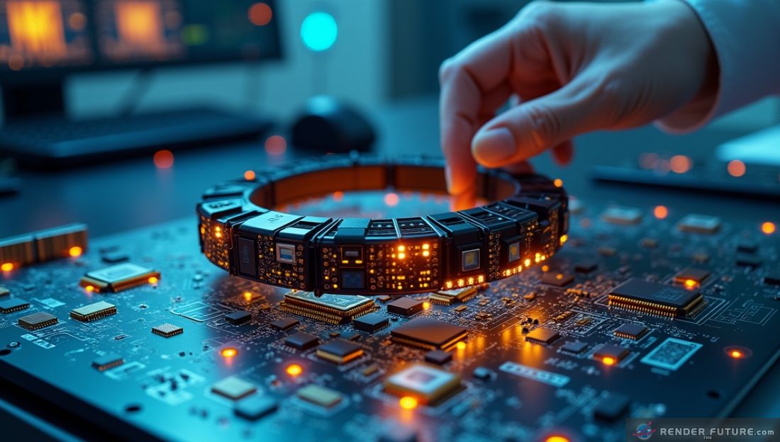 Neural interface headband LED screen on a development bench for circuit stability testing