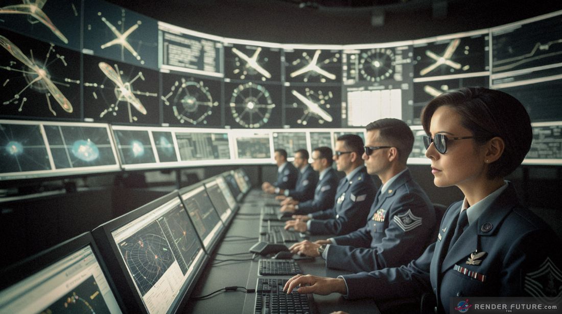 State of the art observatory with military personal using high tech equipment dsplaying real time aerial data