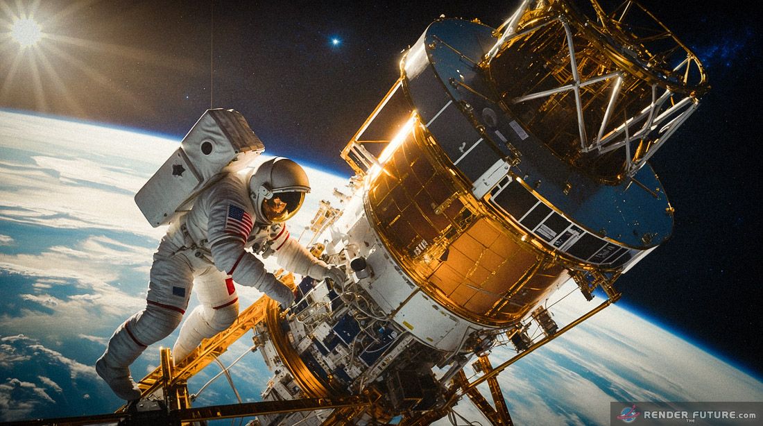 XRISM telescope satellite with one astronaut servicing the equipment