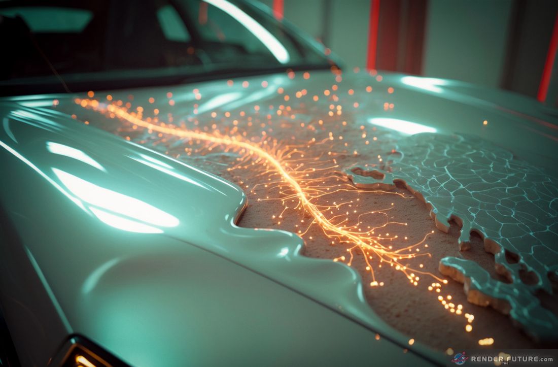 a macro shot of a futuristic cars surface mid transformation of surface self repair