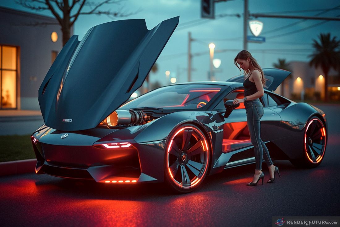 a medium shot of a futuristic vehicle with fusion engine under the open hood woman posing to demo