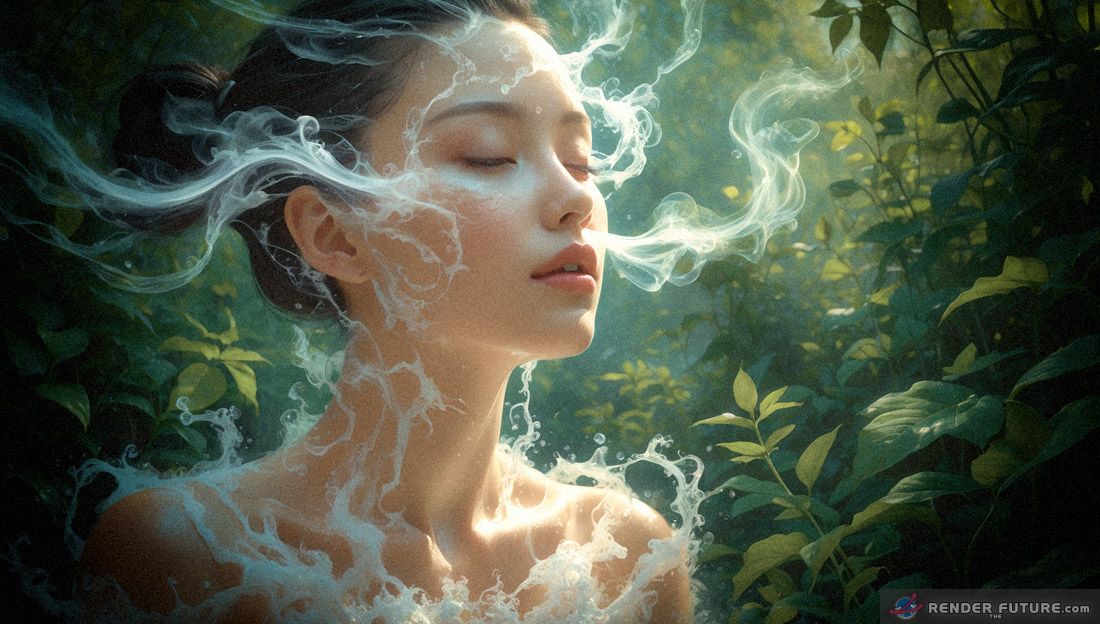 a mesmerizing depiction of human skin emitting vapors in a cleansing interaction with the environment