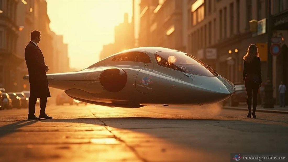 a sleek futuristic taxi spaceship lands in the middle of a bustling city street to pick up a passenger