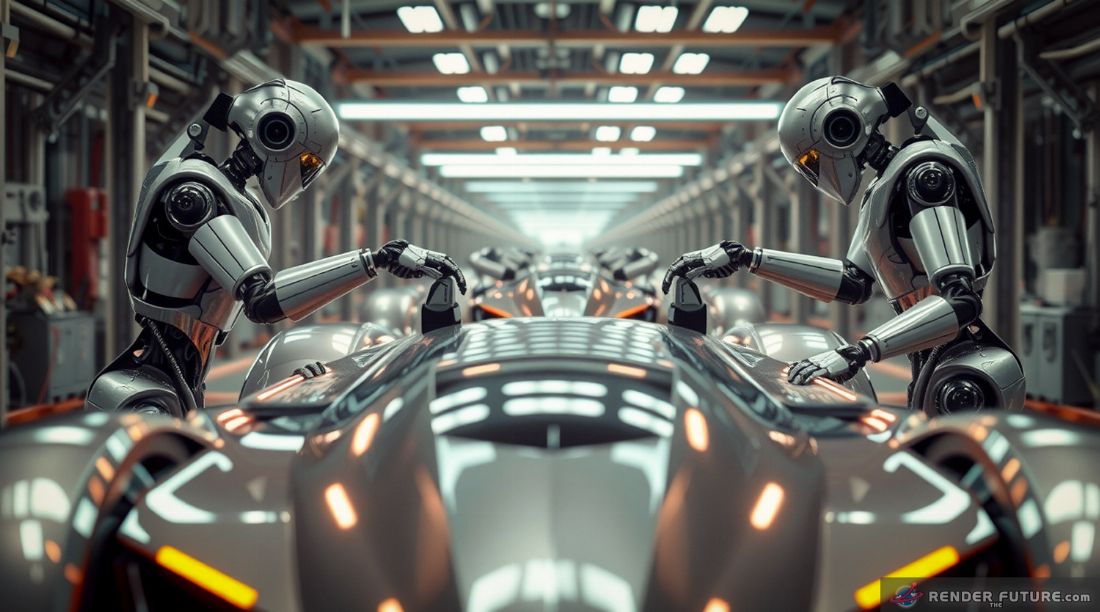 a technologically advanced assembly line 2 humanoid robots deftly assemble sleek futuristic vehicle