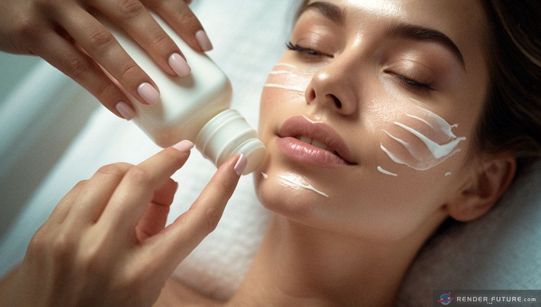 a woman delicately applies moisturizer to her skin