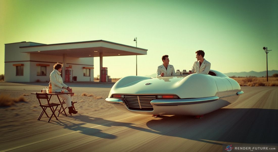 abandoned gas station with sleek transportation landed as two men eat lunch smiling