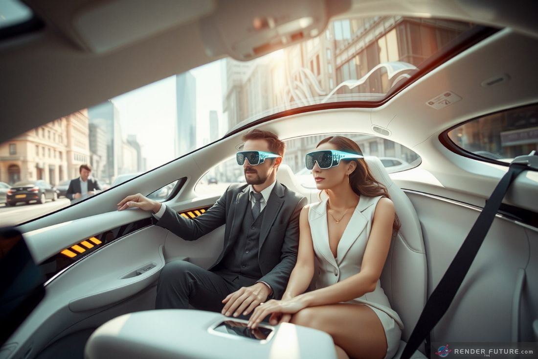 an interior of a futuristic prototype vehicle with a couple enjoying their time touring a city of the future