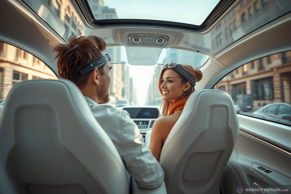 close up of white interior in floating car man and woman wear hologram headbands in midday city