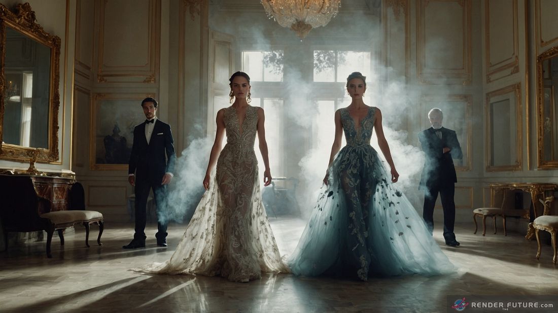 elegantly dressed individuals stand in a brightly lit room one in the center emitting vapor particles from wearing perfume