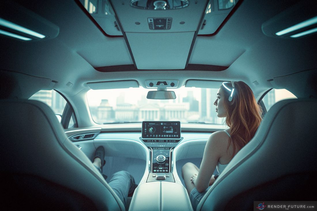 futuristic car glowing softly inside ai monitoring drivers stress force field activating in dark lot futuristic city emotional tech atmosphere