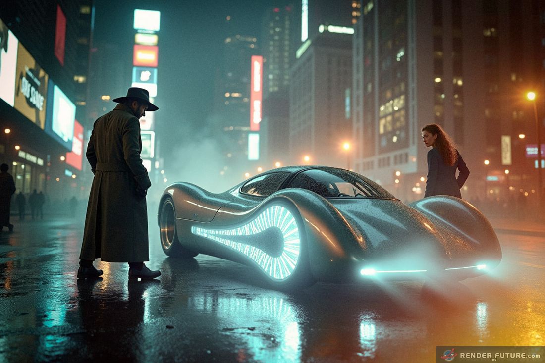 futuristic car glowing with a blue forcefield parked on a dark city street a suspicious figure approach a woman forcefield protects her
