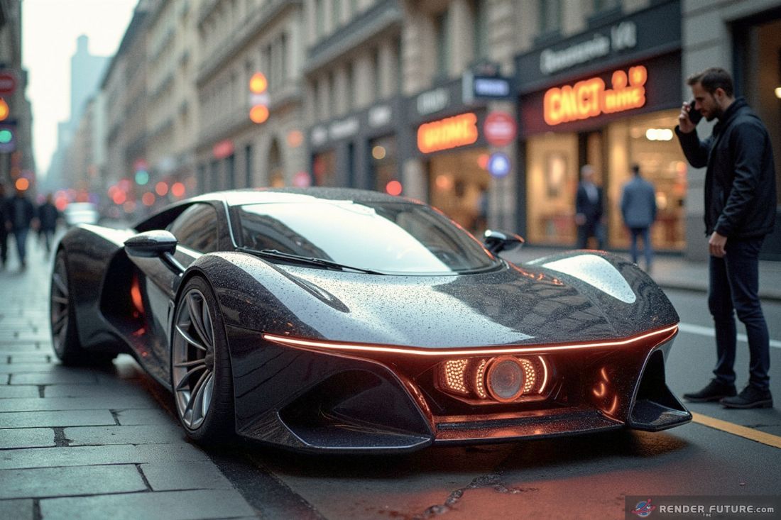 futuristic car with glowing quantum battery and graphene supercapacitors man on phone busy city street