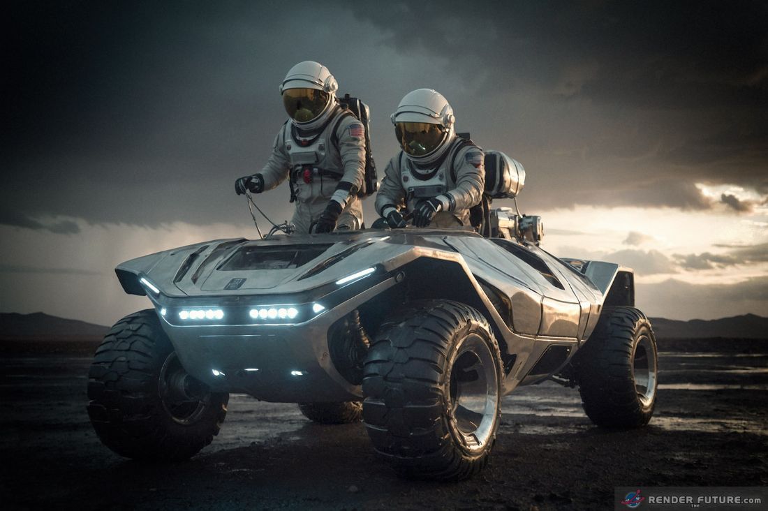 futuristic chrome rover with glowing panels two astronauts repair gear under stormy alien sky
