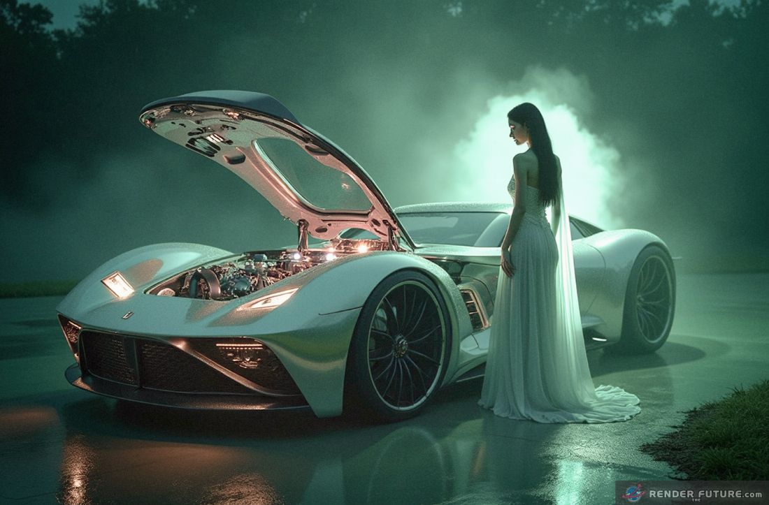 futuristic vehicle exposed nuclear fusion reactor engine glowing blue green night woman silver evening gown