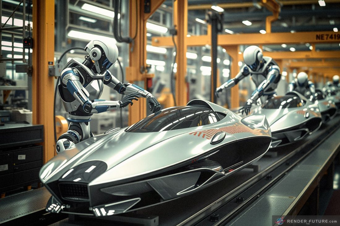 humanoid robots assemble sleek spaceship like cars with precision in high tech futuristic factory scene