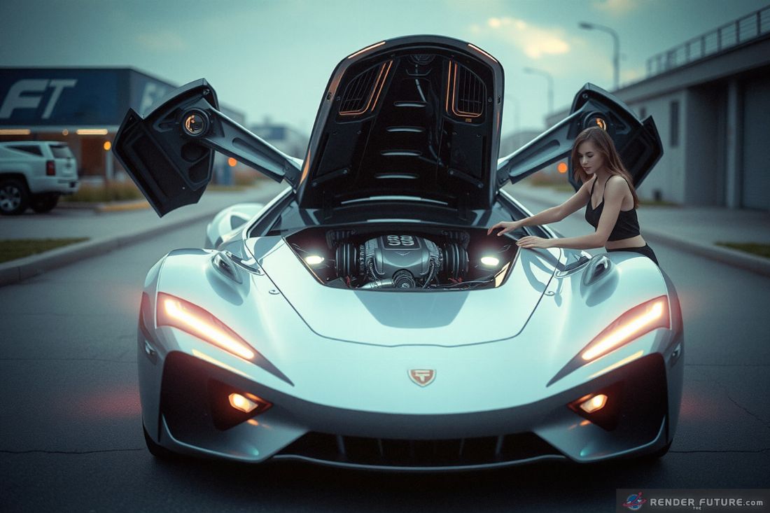 medium shot of slim spaceship like car with open hood woman demos fusion engine