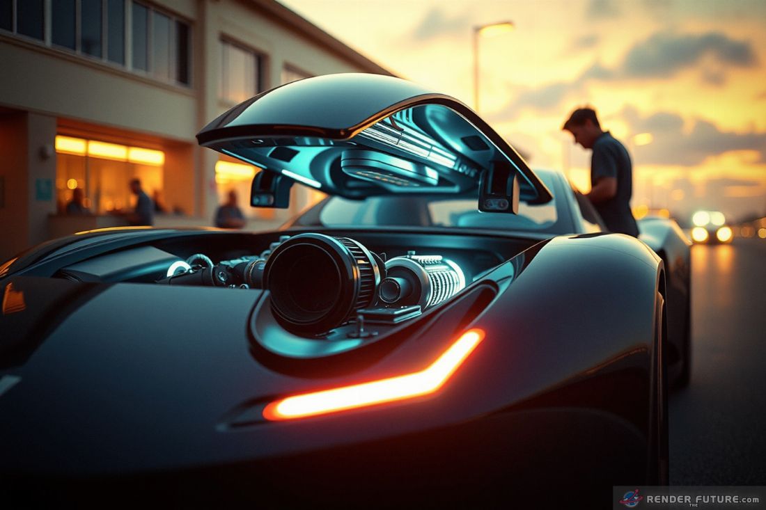 slim d fusion engine under the open hood with vehicle outside on a street with a person demoing unit
