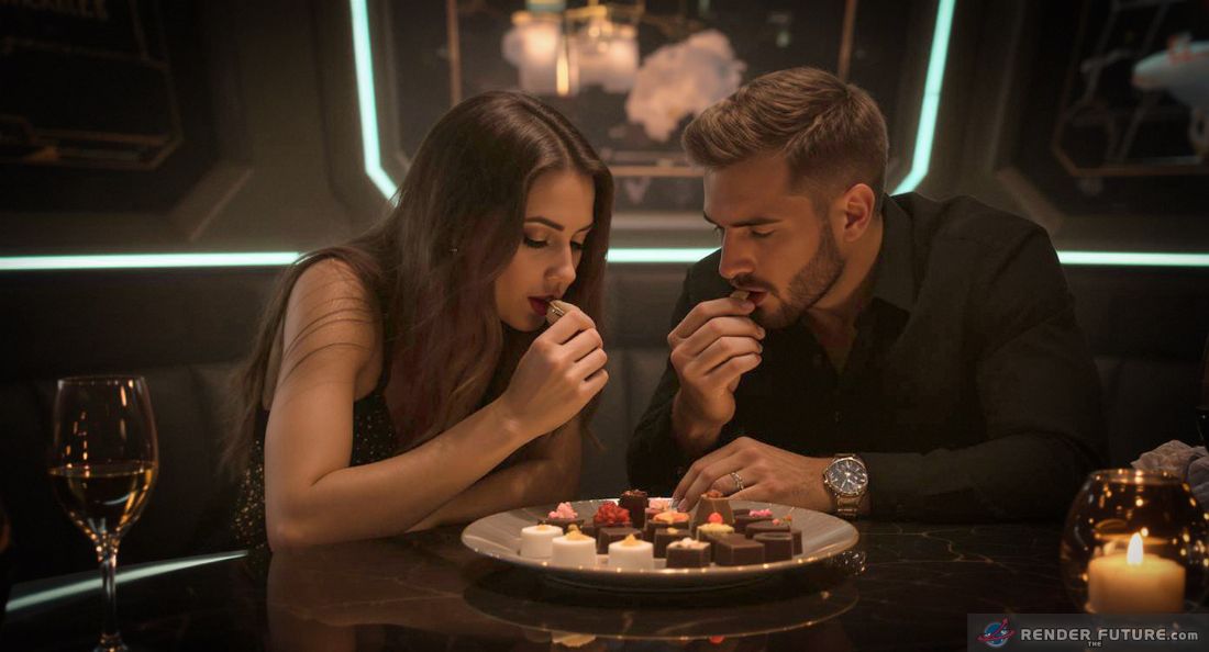 a beautiful couple at a restaurant delicately taste an array of exquisite artfully arranged chocolates