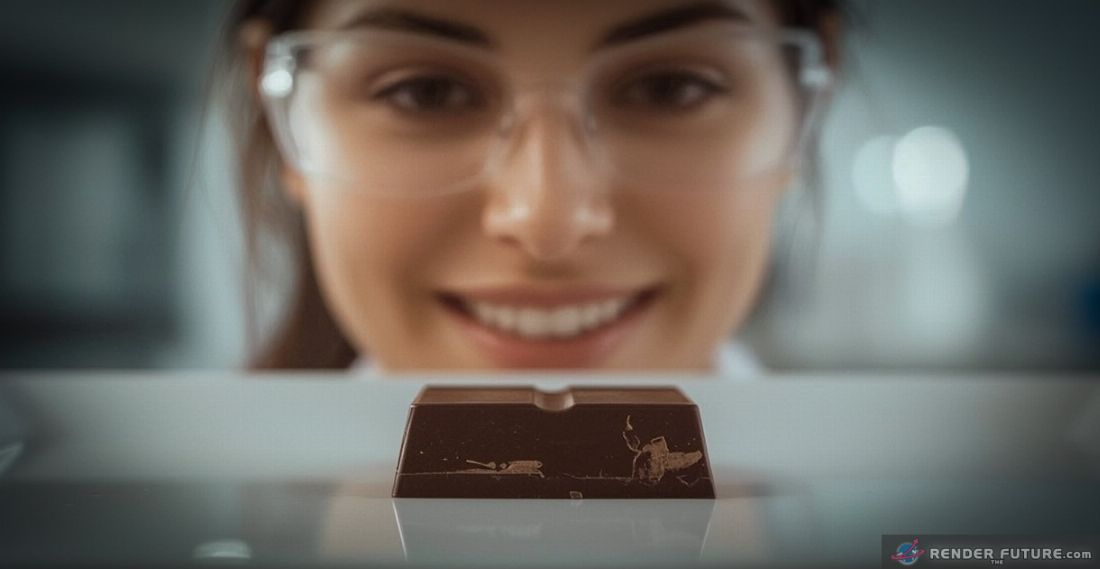 a close up of a sleek dark chocolate square rests on a pristine tray