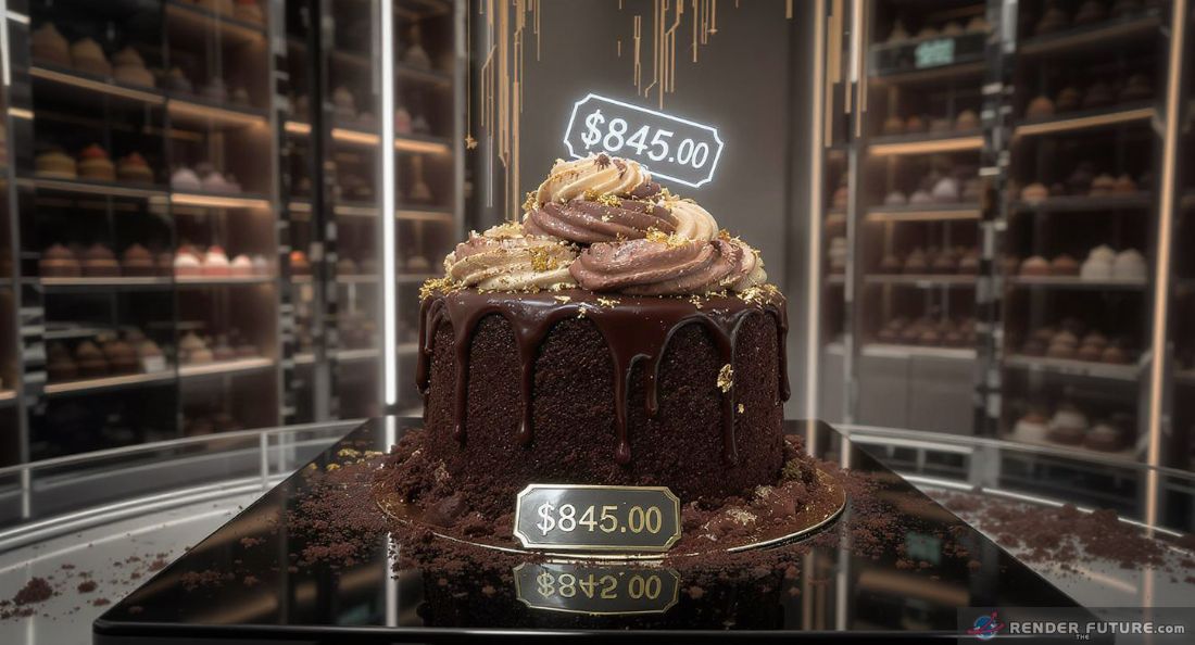 a close up of overpriced chocolate cake with 845.00 tag price