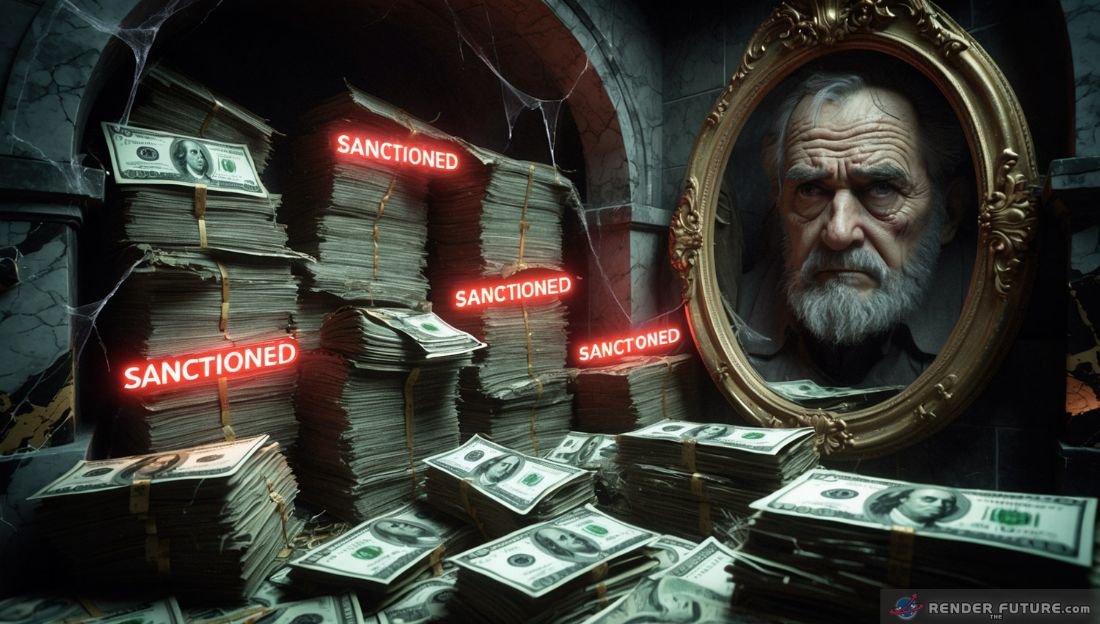 a dimly lit ornate vault of a corrupt dictator cluttered with stacks of decaying moldy cash