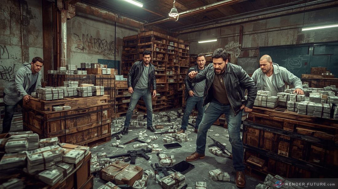 a dimly lit warehouse stacked with pallets of cash while frustrated criminals argue over gold bars