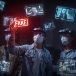 a diverse group of human fact checkers in tech enhanced visors analyze floating news