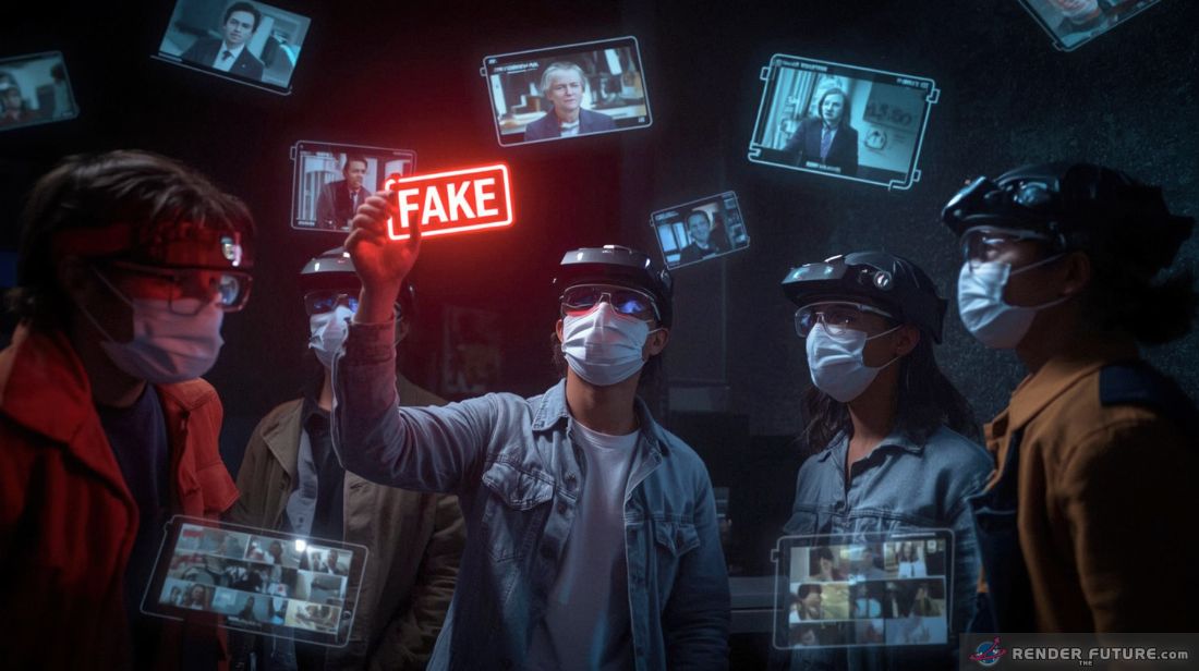 a diverse group of human fact checkers in tech enhanced visors analyze floating news