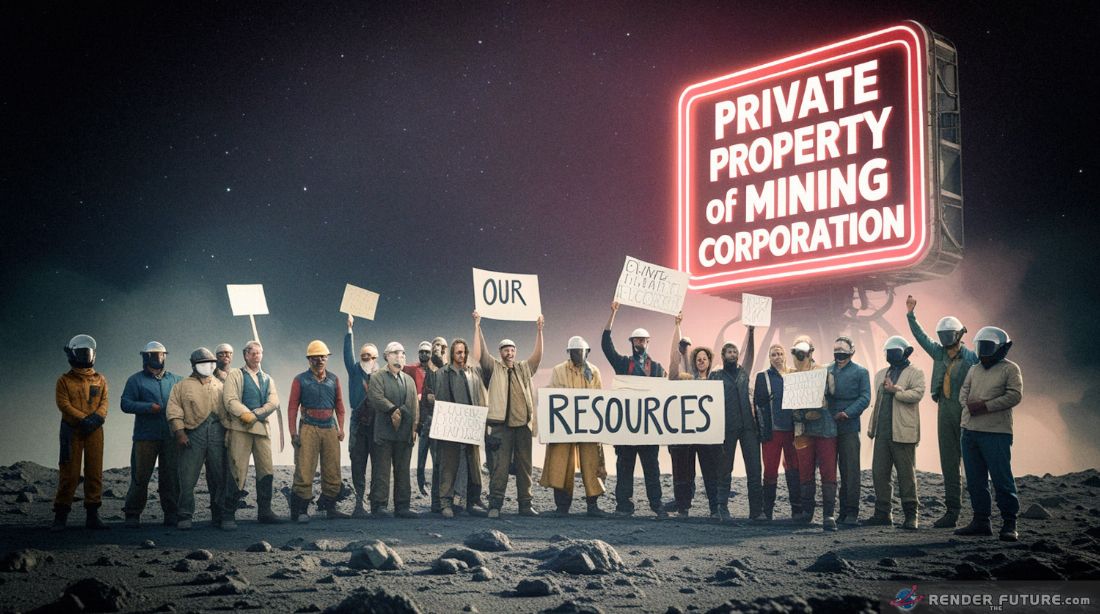 a diverse group of protesters stand united on the barren surface of a mined asteroid