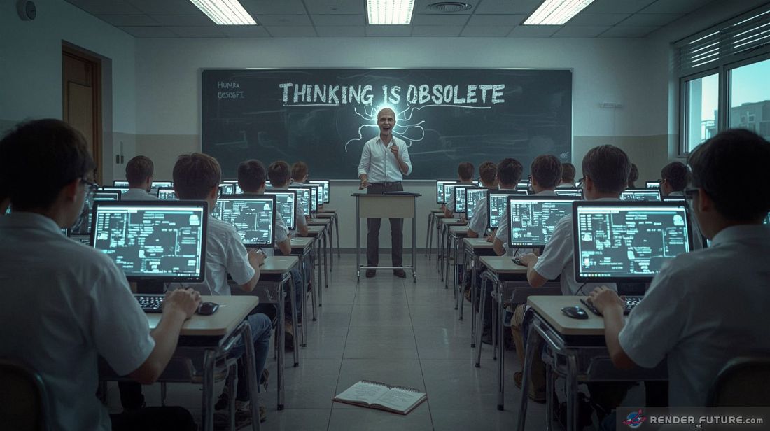 a dystopian brightly lit classroom where rows of hollow eyed students sit slack jawed before glowing screens
