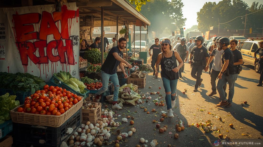 a farmers market turned battleground with overturned stalls spilling rotten moldy fruits and vegetables