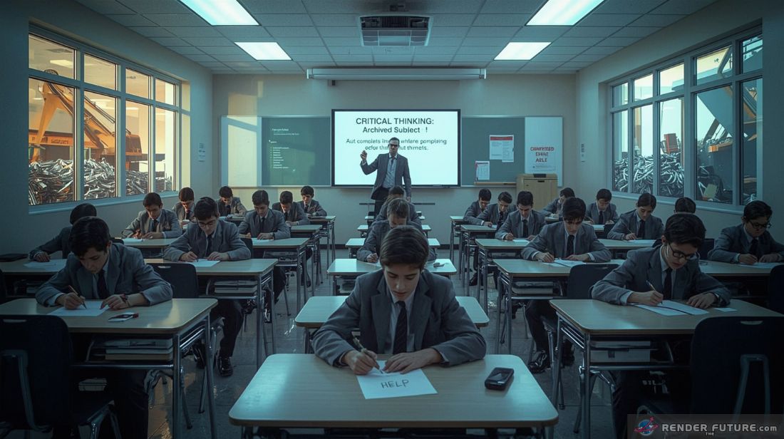 a fluorescent lit classroom where rows of students sit slumped at desks