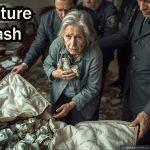 a frail elderly woman with a look of utter despair grasping a bundle of cash to her chest 1