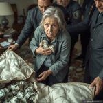 a frail elderly woman with a look of utter despair grasping a bundle of cash to her chest