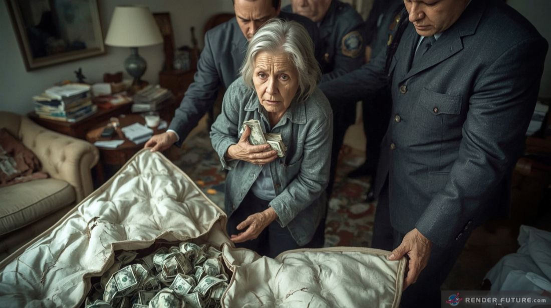 a frail elderly woman with a look of utter despair grasping a bundle of cash to her chest