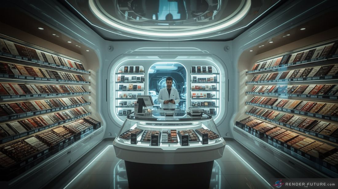 a futuristic electronic pharmacy transformed into a vibrant inviting space